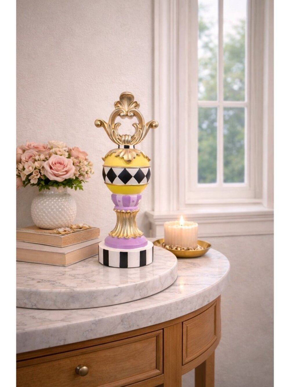 New Harlequin Easter Pedestal Ornament Gold Finial Purple Diamond Pattern Decor